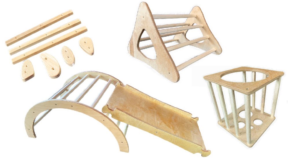Pikler Kletterspielzeug Set mit 6 Elementen: Bogen, Dreieck, Würfel, Rutsche und Kletterhölzer